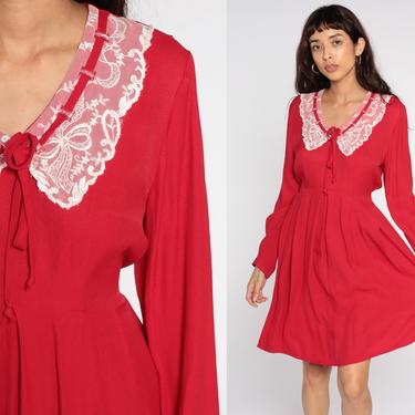 Red Mini Dress Lace Collar Long Sleeve Dress 80s Pleated High Waisted Dress 90s Secretary Vintage White Plain Granny Dress Medium Large 