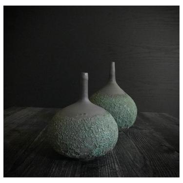 SHIPS NOW-  set of 2 stoneware bottle vases glazed in Slate and Emerald crater glaze by Sara Paloma Pottery 