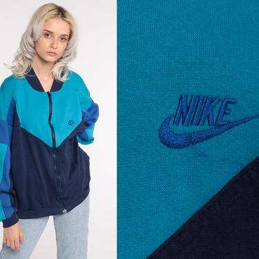 Nike Track Jacket Zip Up Sweatshirt 80s Streetwear Blue Turquoise Retro Striped COLOR BLOCK 1980s Vintage Men's Extra Large xl 