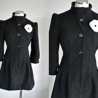 1940s Vintage Replica Black Steampunk Coat with White Flower Brooch | OOAK Handmade Jackets | Size: Medium 