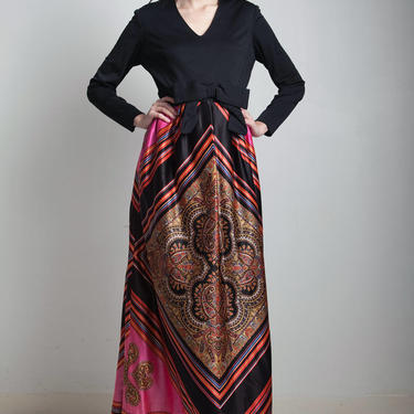maxi dress, bow dress, scarf print dress, long sleeve dress, black pink vintage 70s LARGE L 