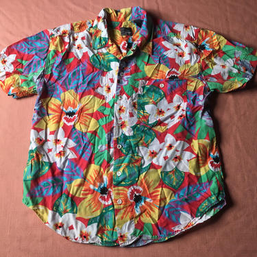 1980s LIZWEAR Hawaiian Shirt Rayon LIZ CLAIBORNE Bright Colors Colorful All Over Floral Print Tropical Flowers Pattern Lei Luau Aloha Spam 