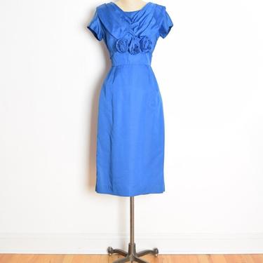 vintage 50s dress blue satin rosettes draped cocktail party shelf bust M clothing 
