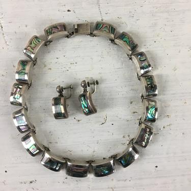 Mexican sterling abalone choker with screwback earring set- Taxco JHF - vintage silver jewelry 