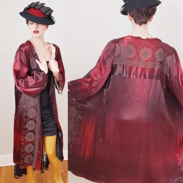 1920s Burgundy Red Silk Duster / 20s Art Deco Embroidered Brocade Jacket Coat Robe Lounger AS IS / Ilsa 