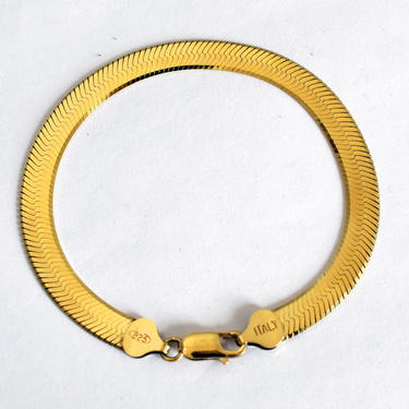 Classic 90's gilded 925 silver flat herringbone rocker bracelet, handsome Italy sterling vermeil bold statement chain 