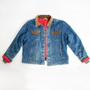 1980s Denim Jacket Quilted Red Jean Coat Corduroy Large 