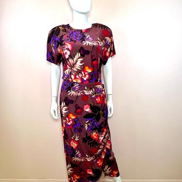 Vtg 1980s style purple tropical floral silk wrap dress 