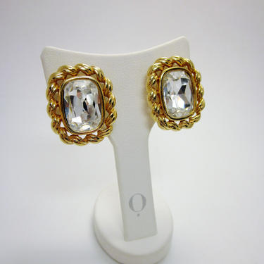 Vintage 1980s Signed Swarovski Crystal Gold Tone Braided Rope Clip on Earrings 