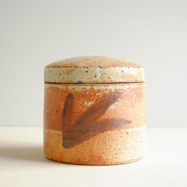 Vintage Stoneware Pottery Jar, Hand Thrown Neutral Ceramic Box with Lid 