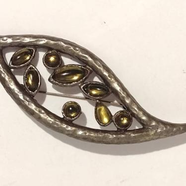 Vintage Hammered Metal Bejeweled Brooch Pin 1.5" 