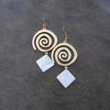 Statement earrings, bold spiral earrings, mother of pearl shell earrings, boho bohemian earrings, brass earrings, geometric earrings 2 
