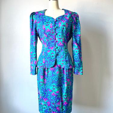 1980s Silk Suit Printed Skirt Jacket S 