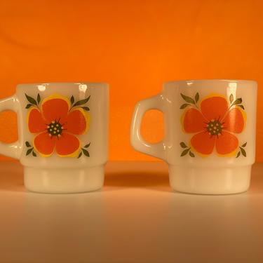 Pair - Fire King Orange &amp; Red Flower Mugs 