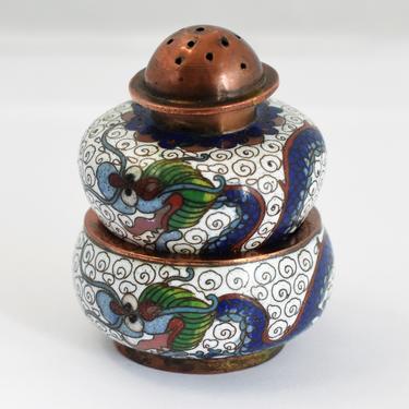 Classic 40's cloisonne on copper Chinese dragons salt cellar &amp; pepper shaker set, ornate enamel copper stacking table decor 