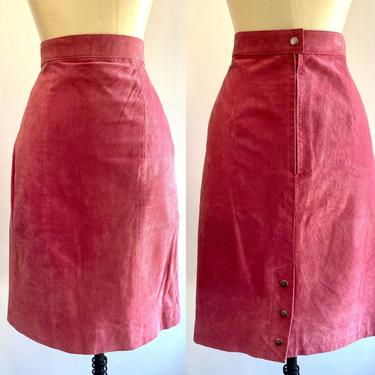 Vintage 80s PINK SUEDE Pencil Skirt / SNAP detail / Lined 