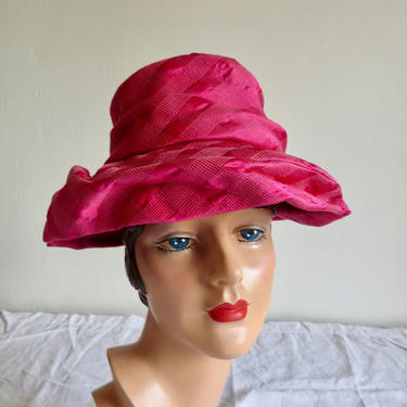 Vintage 1960's Pink Magenta Silk Fabric Hat with Brim Leslie James Mid Century 60's Millinery 