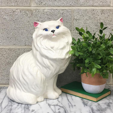 Vintage Cat Statue Retro 1980s XL Size + Persian + White Ceramic + Fluffy and Long Hair + Kitty + Animal Figurine + Cat Lover + Home Decor 