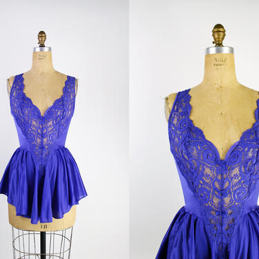 70s Olga Bodysilk Nightgown Purple Mini Slip Dress / Mini Slip / Wedding Slip/ Lace lingerie/ blue Slip / Size M/L 