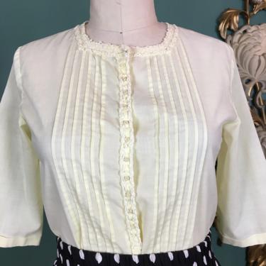 1950s blouse, pin tucked blouse, vintage 50s shirt, pale yellow cotton, rockabilly style, 50s separates, mrs maisel, 1960s blouse, 34 36 