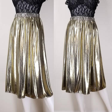 Vintage 90s Gold Lame Midi Skirt ~ S/M ~ Shiny Metallic A Line Holiday Skirt ~ Deadstock with Tags ~ Elastic Waist with Pockets 