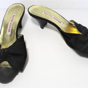 Vintage Walter Steiger Mules, Shoes, Size 6B Women, black fabric, large bow, kitten heel 