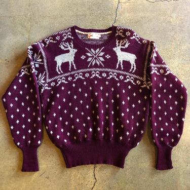 Beautiful Plum 1940s Wool Knit Janten Reindeer Sweater Size 42 