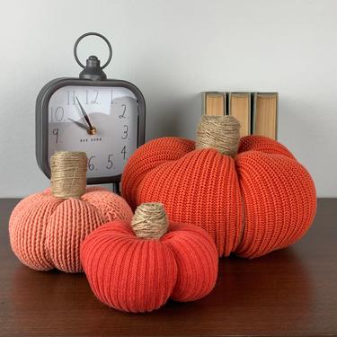 Handmade sweater pumpkins, set of 3, shades of orange 