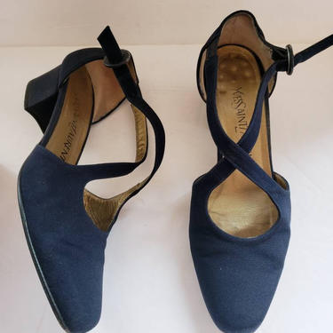 1990s Navy Blue YSL Shoes Sandals Mary Janes / 90s Designer Criss Cross Strap Shoes Yves Saint Laurent Low Heels / Size 6.5 / Arianna 