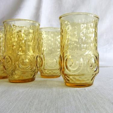 7 Vintage Yellow Juice Glasses Set - Anchor Hocking, Heritage Hall, Drinking Glass, Textured, Circle, Bulls Eye, Lemon, Mid Century Modern 