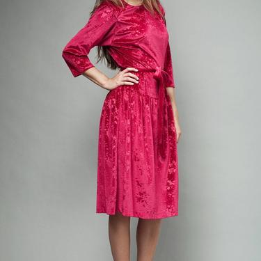 pink velvet dress, half sleeve dress, drop waist dress, vintage 70s magenta paint splatter M Medium 