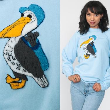 80s Pelican Sweatshirt -- Blue TEXTURED Bird Golf Shirt Raglan Sleeve 1980s Graphic Print Jumper Slouchy 90s Sweater Vintage Small Medium 