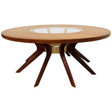 Mid-Century Coffee Table Broyhill Brasilia Danish Modern Round Walnut/Glass Sputnik Coffee Table 