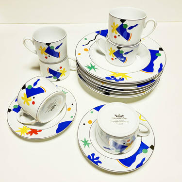 Christopher Stuart Calypso China - Large Rim Soup Bowl + Flat Cup and Saucer Set - Memphis Design - 80s Design - Dinnerware Set Bowls &amp; Cups 