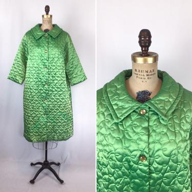 Vintage 60s Robe| Vintage bright green satin quilted bathrobe | 1960s Gaymode lounge house coat 