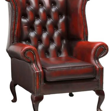 Chair, Wingback, Leather, Oxblood English Queen Anne Style,Button-Tufted, 1900's
