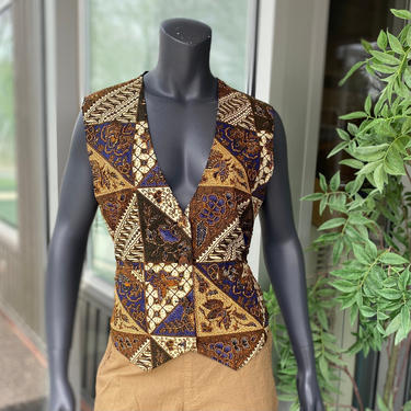 THE HALSEY COLLECTION Vintage 1990s Beaded Triangle Floral Patchwork V-Neck Vest - Women's Size L 