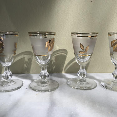 Libbey Gold Leaf Aperitif Stemmed Small Glasses Set of Four 