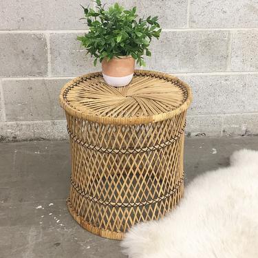 Vintage Wicker Table Retro 1980s Bohemian + Woven Straw Plant Stand + End or Side Table + See Through + Indoor + Boho + Home Decor 