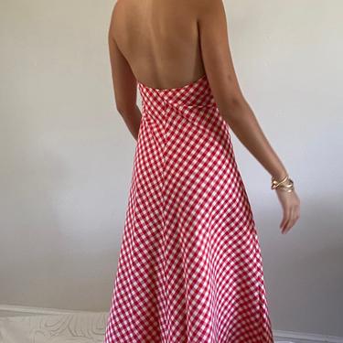 70s halter maxi dress / vintage red gingham cotton backless halter maxi dress / collared summer picnic sun dress | S size 4 