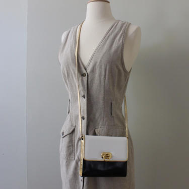 Vintage Frenchy of California  Black, White, and Gold Long Strap Leather Purse 