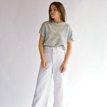 Vintage Blue Cream Stripe Cotton Crochet Net Shirt | Open Weave | 