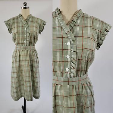 70s Does 30s Cotton Day Dress with Matching Belt 70s Handmade Dress 70s Women's Vintage Size Large 