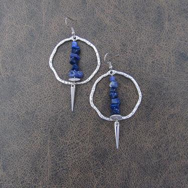 Hoop earrings, etched silver and blue lapis nugget, mid century modern earrings, bold statement earrings artisan unique modern 