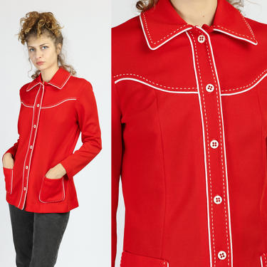 70s Mod Red Contrast Stitch Shirt - Medium | Vintage Button Up Pointed Collar Pocket Top 