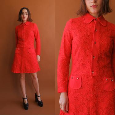 Vintage 70s Tangerine Lace Dress with Rhinestone Buttons and Pockets/ 1970s Orange Collared Shift Dress/ Size Small 