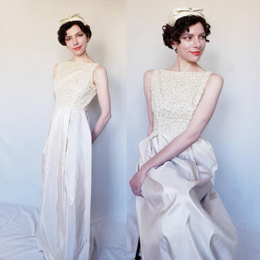 1960s Wedding Dress Sleeveless Sequined Lace  Champagne Satin / 60s Open Back Bridal Gown / Minimalist / M Bergdorf Goodman Lee Claire 