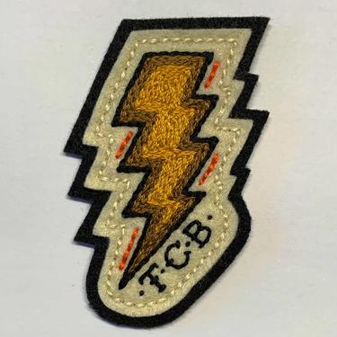 Custom listing for CARA - Handmade / hand embroidered black & off white felt patch - yellow and gold TCB lightning bolt 