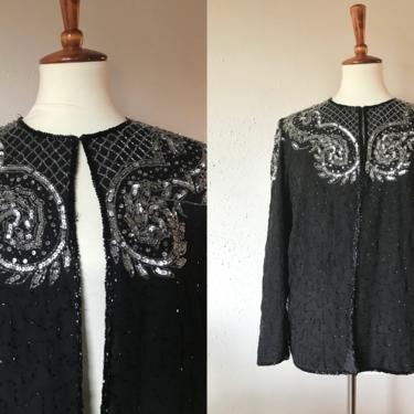 Vintage sequined black silk cardigan jacket medium 