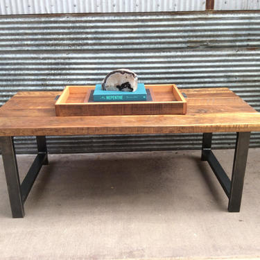 Reclaimed Wood Coffee Table / Industrial Metal H-Shaped Legs / Barnwood Coffee Table 